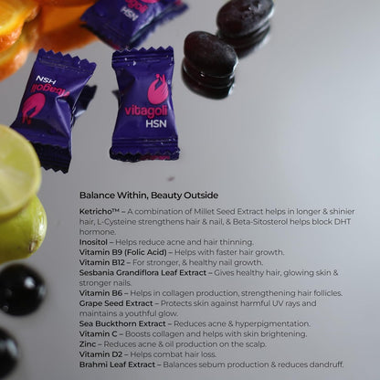 Vitagoli Biotin Hair, Nail & Skin Gummies | Grape Flavour | 10 Days Pack Stronger Hair, Glowing Skin & Nails! | With Ketricho, Sea Buckthorn, Brahmi, Inositol, Zinc & Multivitamins | No Added Sugar