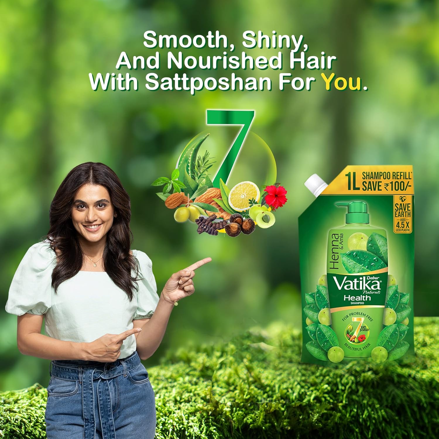 Woman pointing to Dabur Vatika Henna Health shampoo bottle with green background and text about hair care.