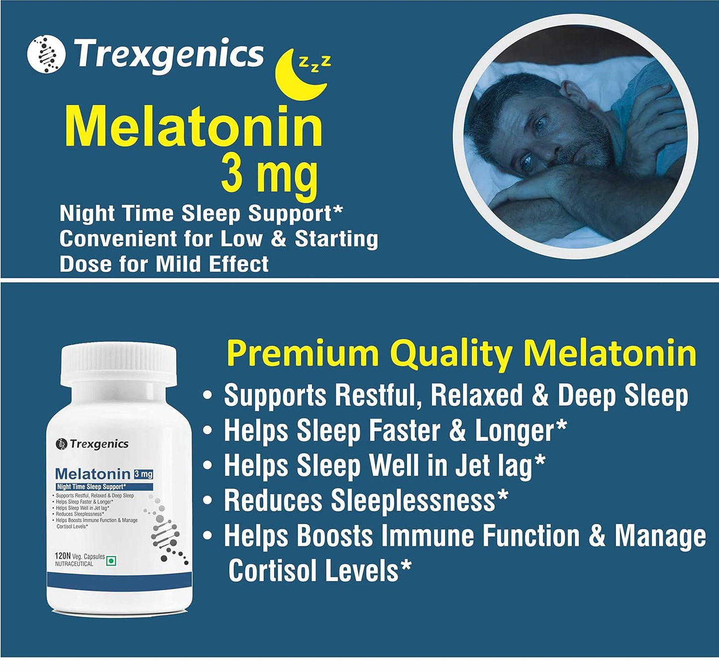 Trexgenics Melatonin 3 mg USP grade Night Time Sleep, Circadian rhythm, jet lag, cortisol balance Support(120 Veg.Capsules) (Melatonin 3 mg (120))