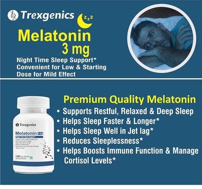 Trexgenics Melatonin 3 mg USP grade Night Time Sleep, Circadian rhythm, jet lag, cortisol balance Support(120 Veg.Capsules) (Melatonin 3 mg (120))