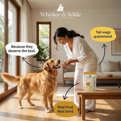 Whisker and Wilde Dehydrated Chicken Jerky | Dog Treats | Natural Joint Support with Turmeric | Dental Chew | Training and Reward | No Preservatives | 70g