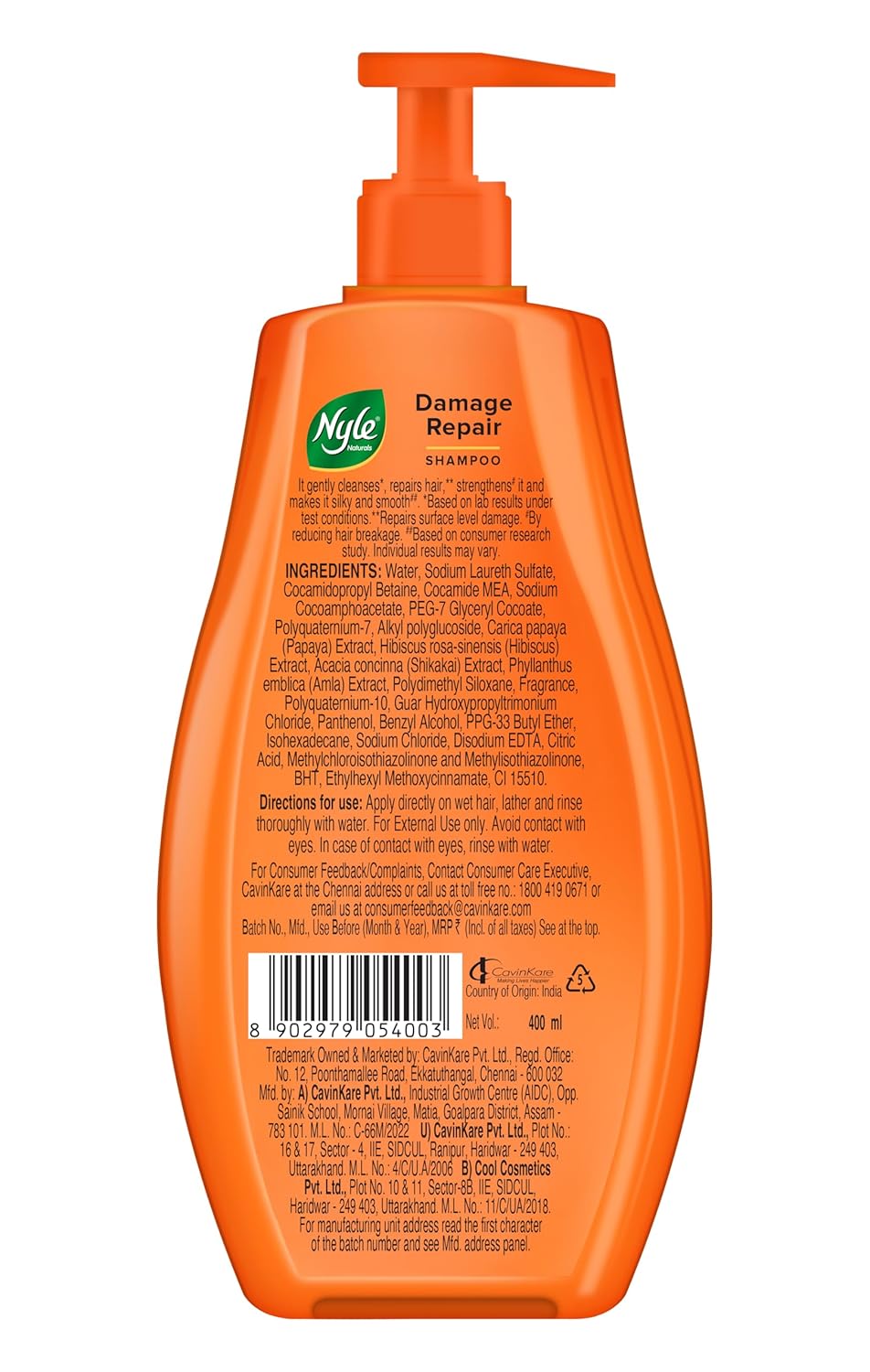 Nyle Naturals Damage Repair Anti Hairfall Shampoo, With Shikakai And Hibiscus,Gentle and soft shampoo, PH balanced and Paraben free, For Men and Women, 400ml