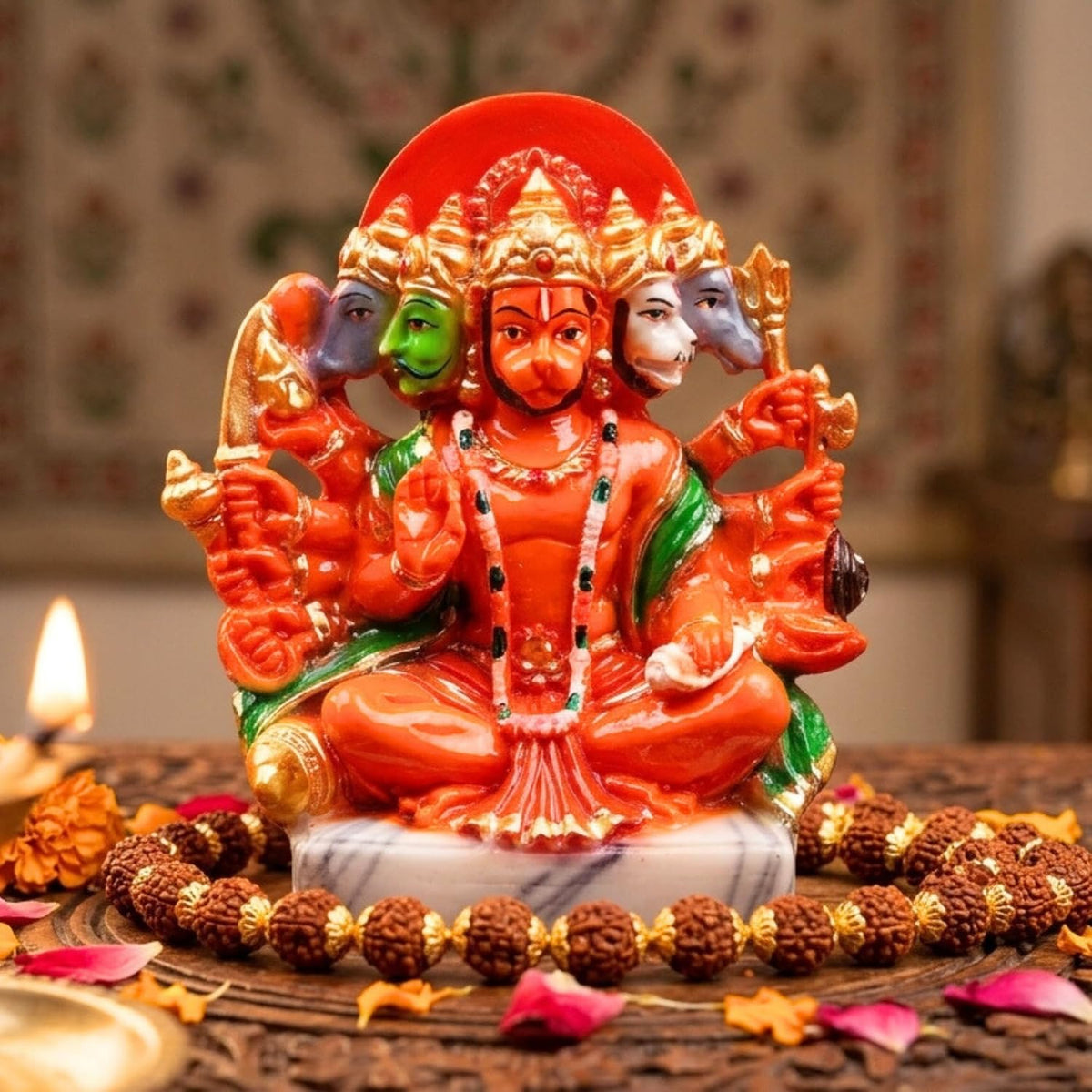 Resin Hanuman Ji Murti Panchmukhi Hanuman For Door Entrance Temple Home & Office Decor Living Room Decoration Gift For New House Warming Ceramony Balaji Idol Evil Eye 6.3 cm Orange