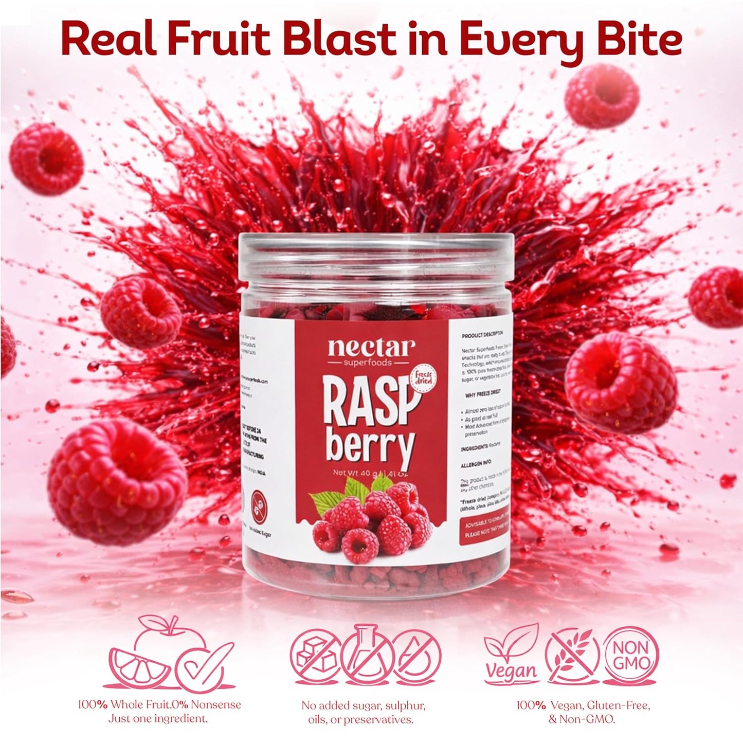 Nectar Superfoods Premium Freeze Dried Raspberry - 40 grams Jar-Pack of 1 Nos | No Oil, No Preservatives, No Sugar Added| Vegan | Baking, Cooking & Seasoning | Processed in India