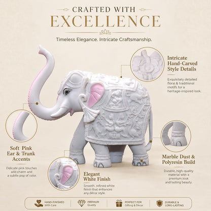 Pack of 2 White Elephant Showpieces Home Decor for Living Room, Table, Shelf, 2 x 3 inch Elephant Marble Resin Statue for Vastu, Feng Shui, Office Decor, Gifting