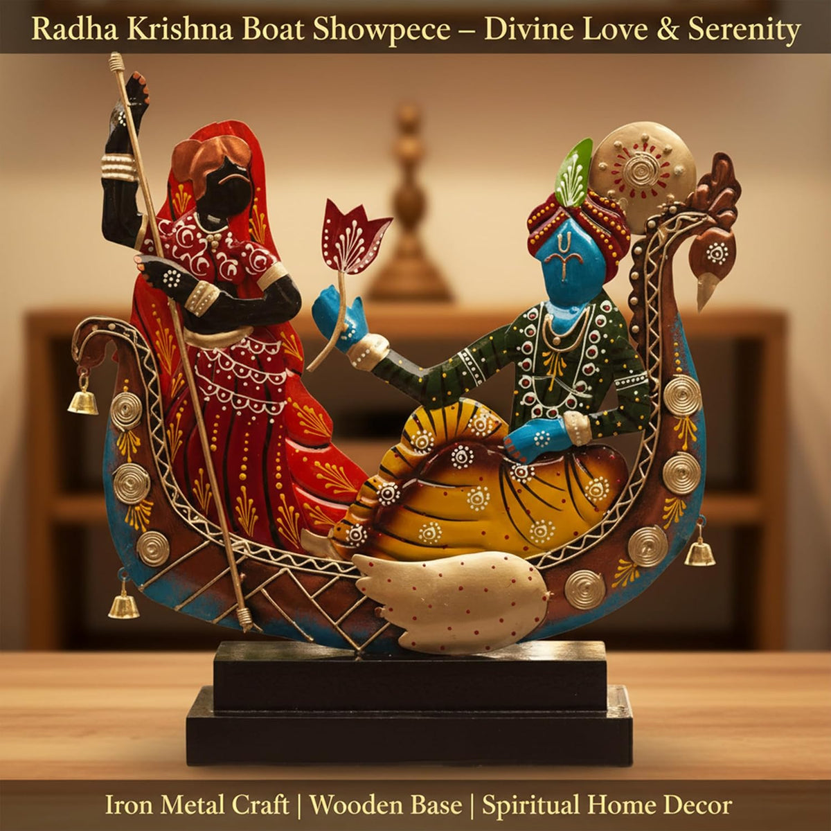 Radha Krishna Boat Showpiece for Home Decor | Iron Metal Decorative Idol with Wooden Base | 15 Inch Spiritual Statue for Living Room, Bedroom, Temple & Gifting