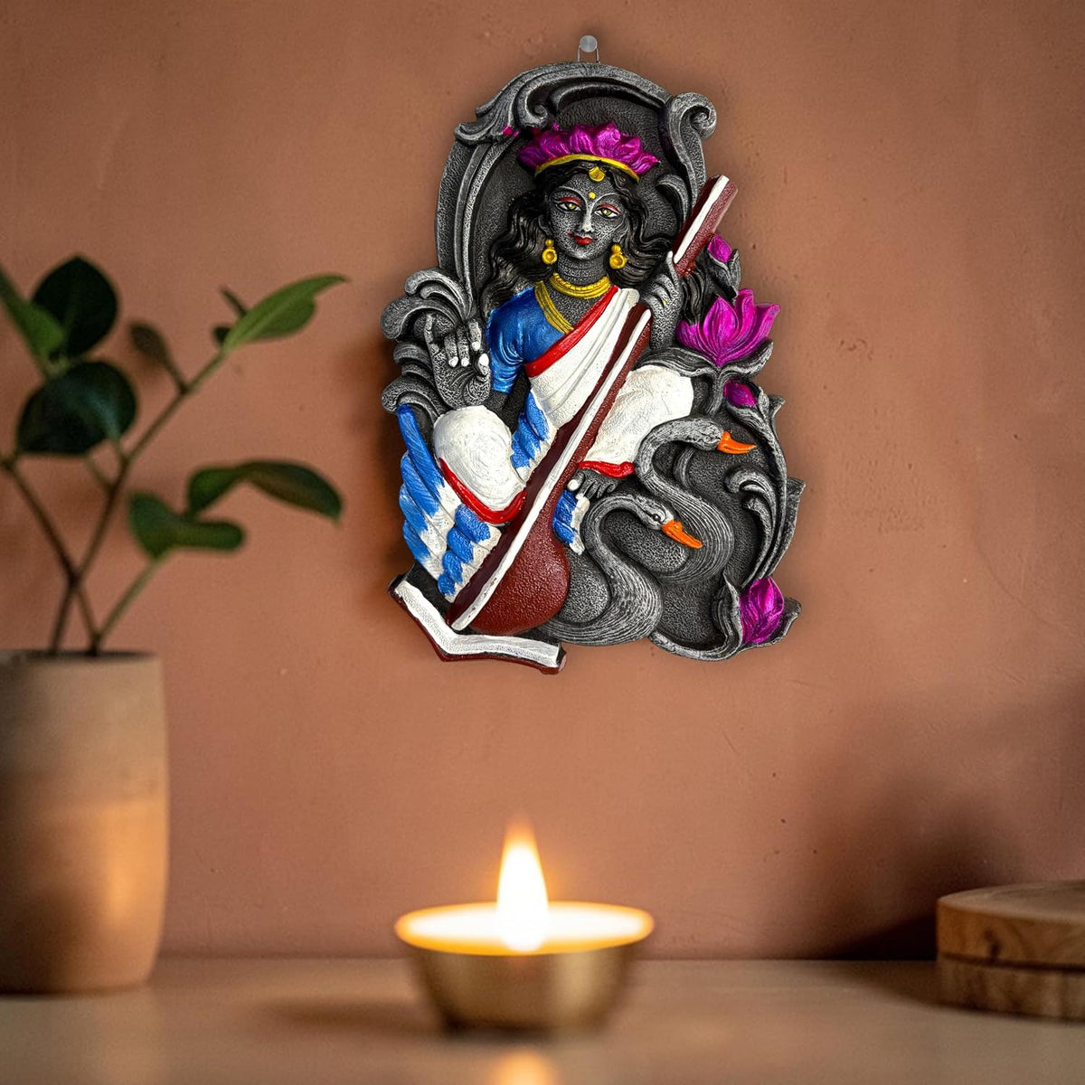 Saraswati Maa Wall Hanging Idol Murti | Terracotta Wall Decor | Saraswati MATA Wall Art for Mandir, Home, Office & Study Table Decor | Goddess of Knowledge Spiritual Gift (28x19 CM)