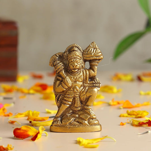 Brass Hanuman Ji Idol | Handcrafted Hanuman Murti for Pooja Room | Home Temple & Festival Gift (Design08: L4 x W2 x H5 cm)