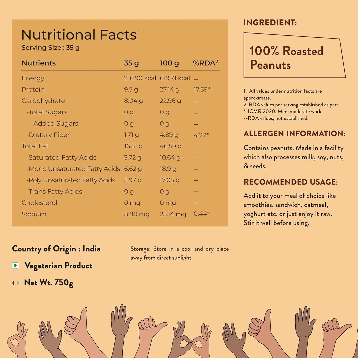 Nutrabay Foods All-Natural Peanut Butter (Creamy) - Unsweetened, 750g | 100% Roasted Peanuts, 28g Protein, Zero Cholesterol, Vegan, Gluten Free, Non GMO