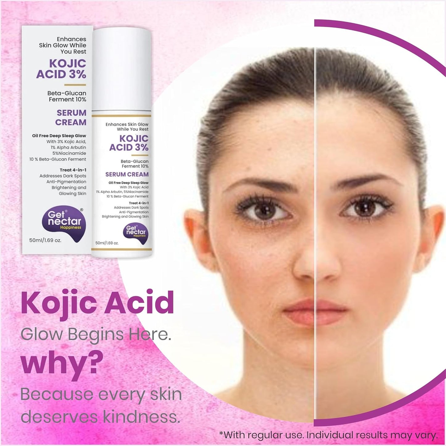 Get Nectar Happiness Glow Serum Cream with 3% Kojic Acid 5% Niacinamide 1% Alpha Arbutin & 25% Beta-Glucan for Dark Spots, Anti-Pigmentation, Brightening, Glowing Skin 50ml