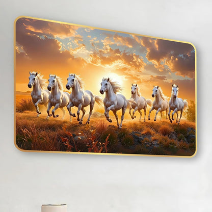 7 Running Horses MDF Wall Art 12x18 Inch | Golden Border Vastu Painting for Home & Office Décor | Modern Elegant Wall Hanging Frame for Living Room, Bedroom (Design 1)
