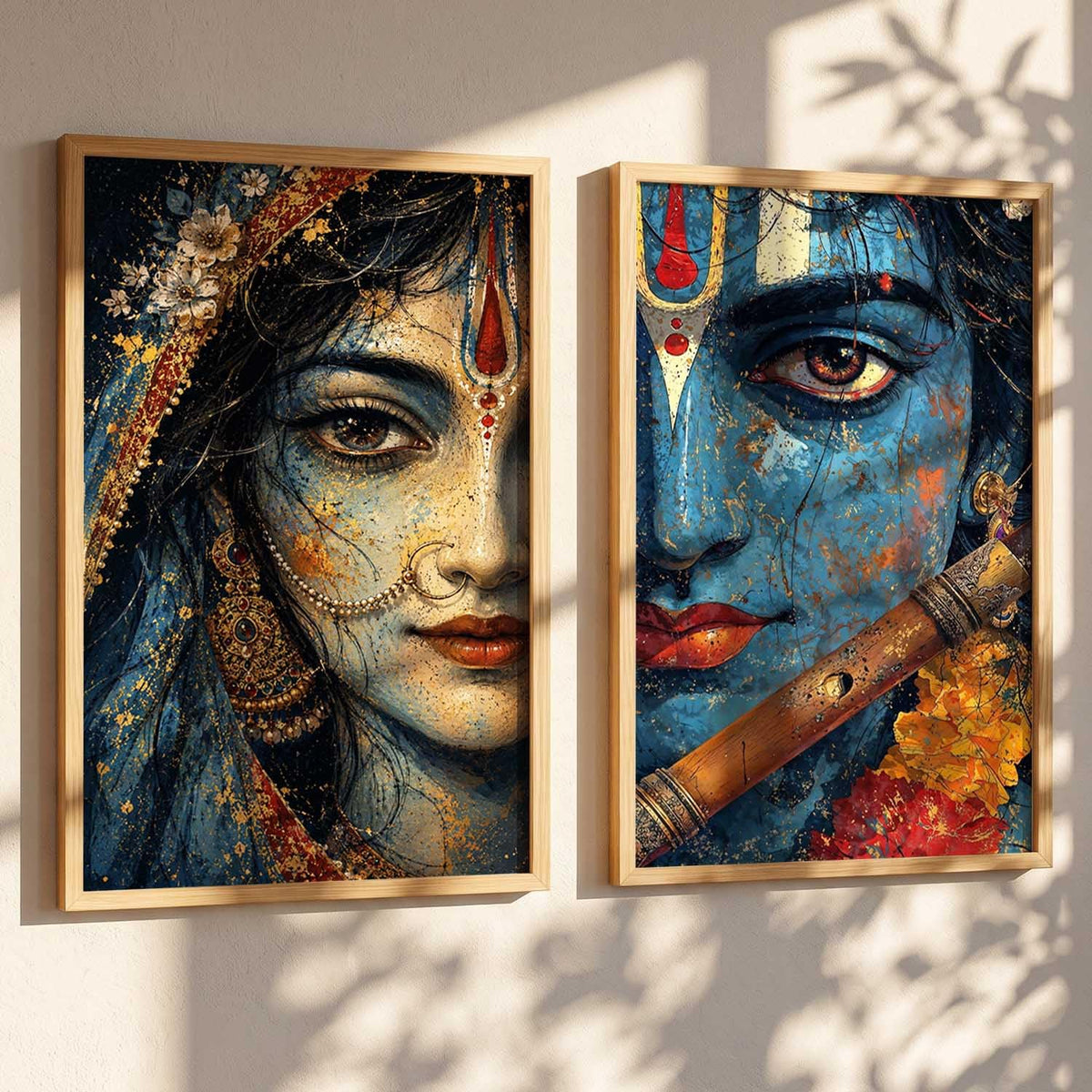Set of 2 Framed Wall Art Prints, Premium HD Modern Wall Decor for Living Room, Bedroom, Office & Home, Abstract, Spiritual, Floral, Nature, Botanical & Boho Artwork, Ready to Hang (Radha krishna 2, 13X19, Brown)