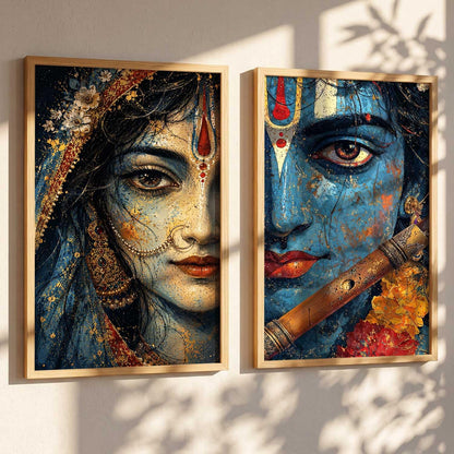 Set of 2 Framed Wall Art Prints, Premium HD Modern Wall Decor for Living Room, Bedroom, Office & Home, Abstract, Spiritual, Floral, Nature, Botanical & Boho Artwork, Ready to Hang (Radha krishna 2, 13X19, Brown)