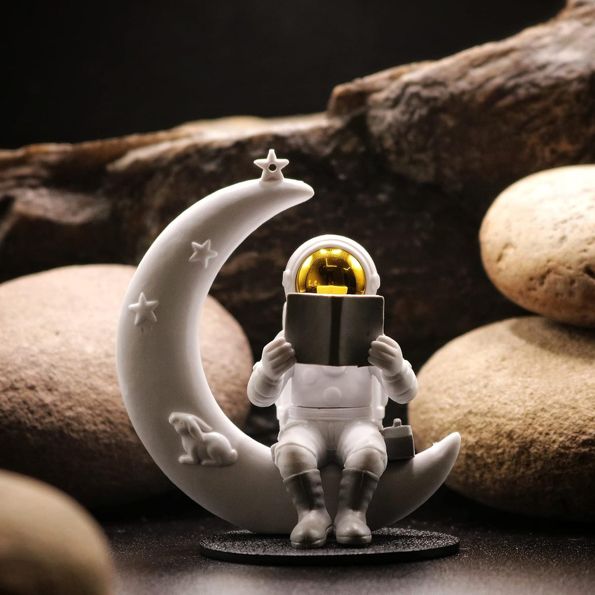 Astronaut Figurine Showpiece for Home Décor, Office Desk, Car Dashboard & Table Decoration | Space Astronaut Statue Collectible Gift for Home, Room & Workspace (Reading on Moon Golden)