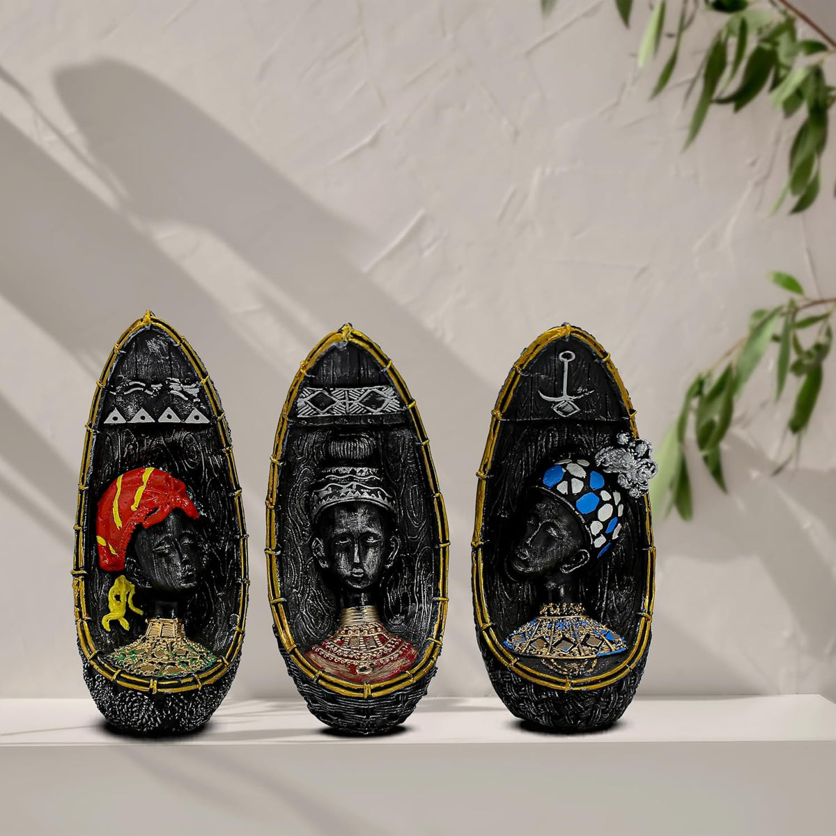Vibrant Beautiful Finish Uniquely Hand Crafted Home Decor African Tribal Women Art Piece (African Face Lady Set of 3)