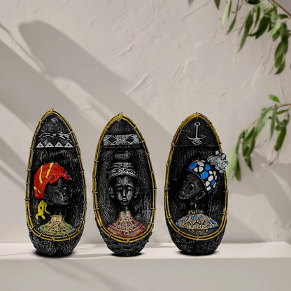 Vibrant Beautiful Finish Uniquely Hand Crafted Home Decor African Tribal Women Art Piece (African Face Lady Set of 3)