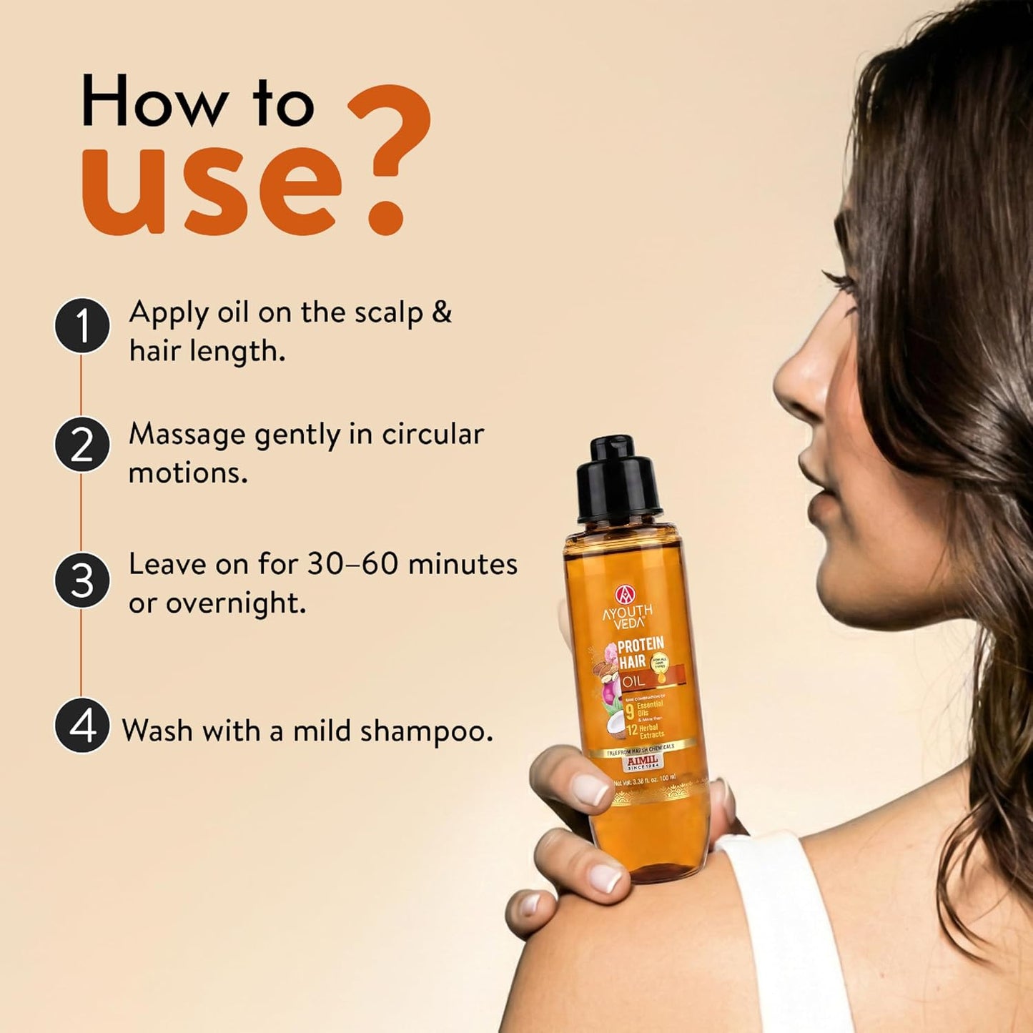 Ayouthveda Protein Hair Oil | Nourishing Oil to Repair Damage | With Bhringraj, Coffee, Arhar & Urad Dal | Blend of 9 Nourishing Oils and 12 Herbal Extracts | Helps Improve Hair Strength, Shine & Softness | For All Hair Types | 100 ml