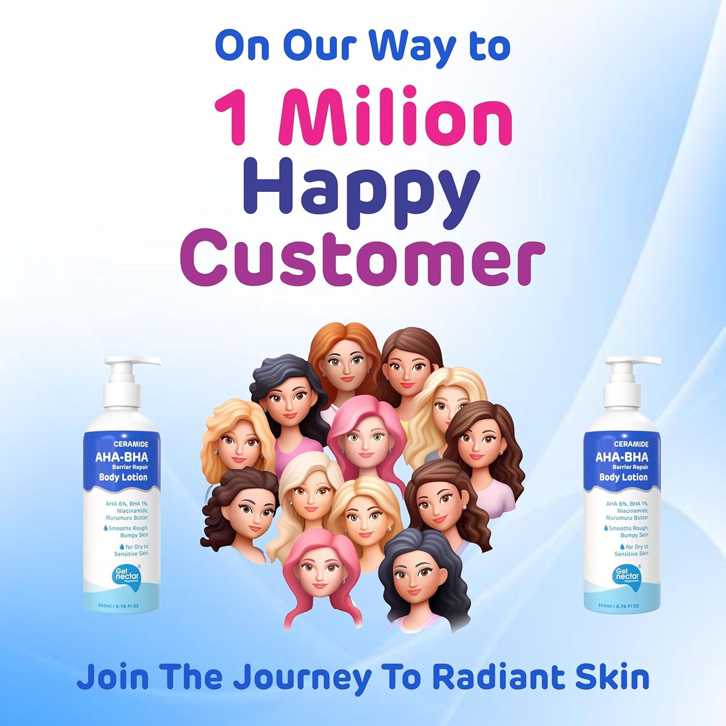 Promotional image with cartoon women and skincare products, celebrating 1 million happy customers.