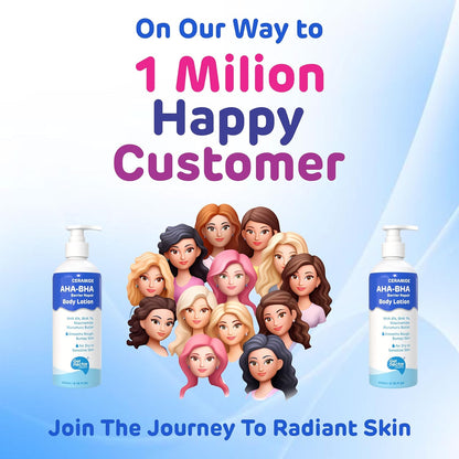 Promotional image with cartoon women and skincare products, celebrating 1 million happy customers.