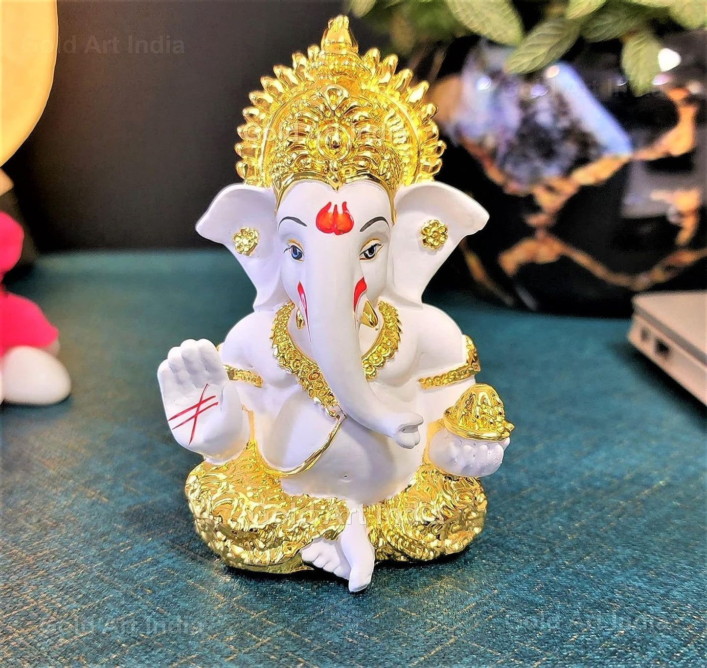 Gold Art India Gold Plated Ganesh Idol for Car Dashboard God Ganesha Idol for Home Decor Ganpati for Gift Home Office Table Shelves Diwali Gifting 3.5 Inches Gold White Mukut