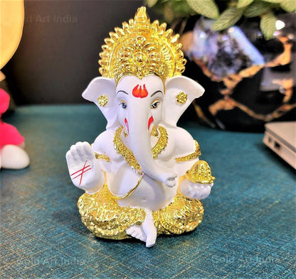 Gold Art India Gold Plated Ganesh Idol for Car Dashboard God Ganesha Idol for Home Decor Ganpati for Gift Home Office Table Shelves Diwali Gifting 3.5 Inches Gold White Mukut