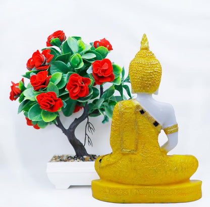 Gautam Buddha Statue for Spiritual Home Gautam Buddha Statue for Spiritual Home Handicrafts Sitting Buddha Idol Statue Showpiece with Artificial Plant (Golden Buddha & Japanese Red Rose)
