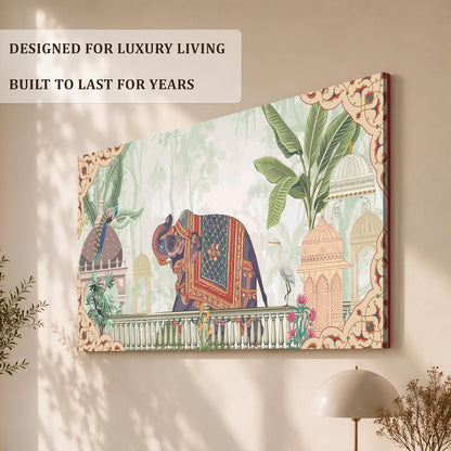Royal Mughal Garden Elephant Canvas Wall Painting for Living Room, Floral Elephant Vastu Painting Cultural Indian Style, Rajasthani Inspired Artwork for Home & Office 22x46 Inch