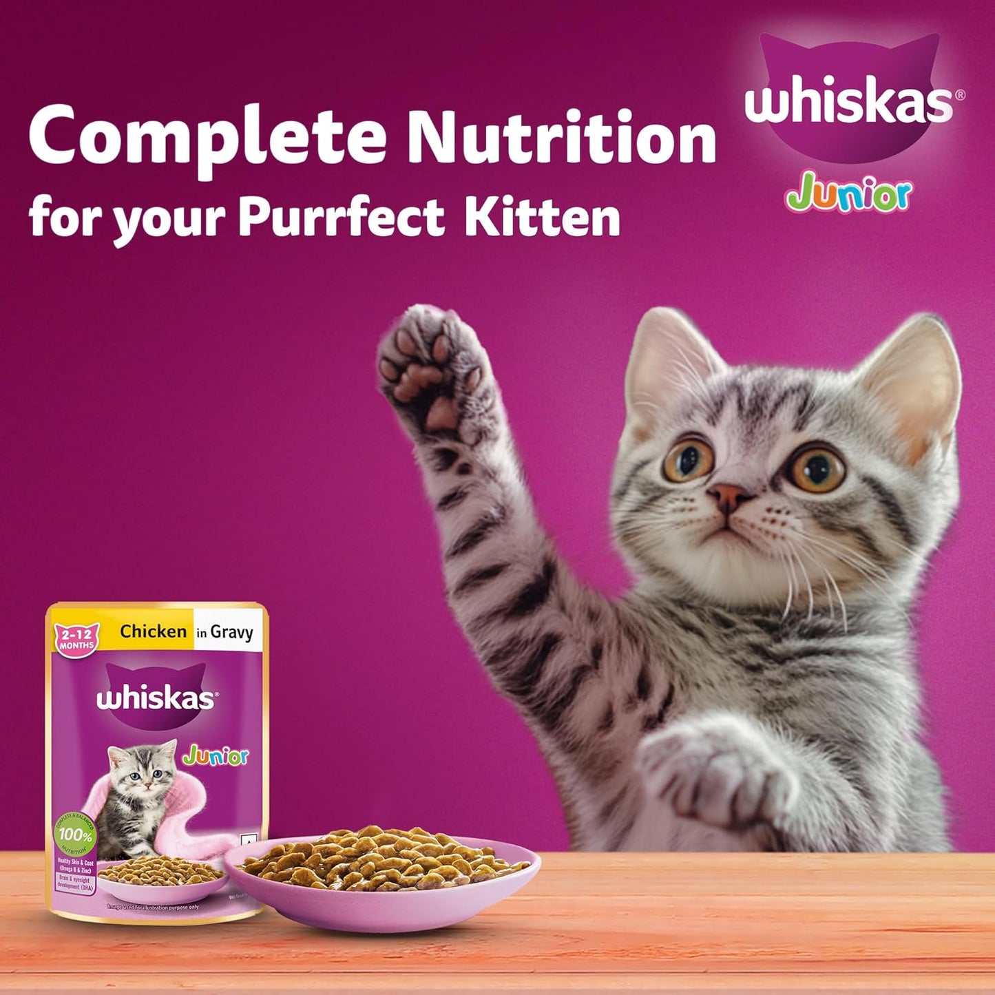 Whiskas Junior Kitten (2-12 Months) Wet Cat Food, Chicken in Gravy, 80 g (Pack of 14), Hydrating Food Made With Real Chicken, 100% Complete & Balanced Nutrition for Kittens