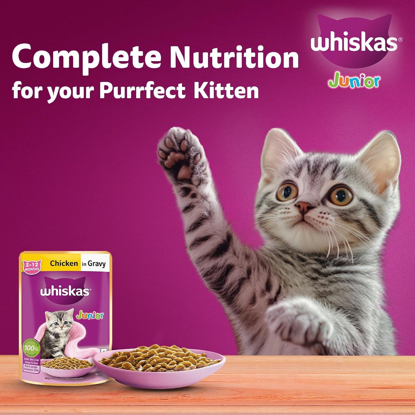 Whiskas Junior Kitten (2-12 Months) Wet Cat Food, Chicken in Gravy, 80 g Hydrating Food Made With Real Chicken, 100% Complete & Balanced Nutrition for Kittens