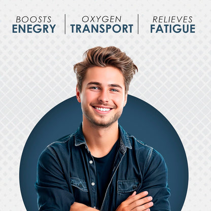 Man with crossed arms against a light gray background with text about energy, oxygen transport, and fatigue relief.