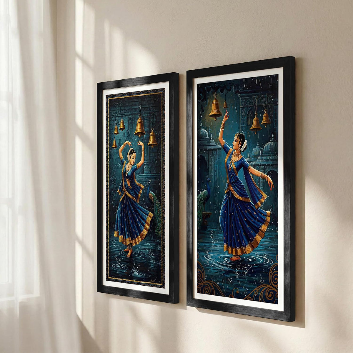 Classical Indian Dance Wall Art Set of 2 Frames Prints | Traditional Bharatanatyam Kathak Dance Framed Painting, Peacock & Temple Theme Artwork Frame| Premium Cultural Wall Decor for Living Room Bedroom Office Home (Art-6, 10x19inch, Wooden)