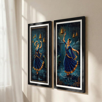 Classical Indian Dance Wall Art Set of 2 Frames Prints | Traditional Bharatanatyam Kathak Dance Framed Painting, Peacock & Temple Theme Artwork Frame| Premium Cultural Wall Decor for Living Room Bedroom Office Home (Art-6, 10x19inch, Wooden)