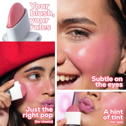 Collage of a makeup product being used on cheeks, eyes, and lips with text describing its use.