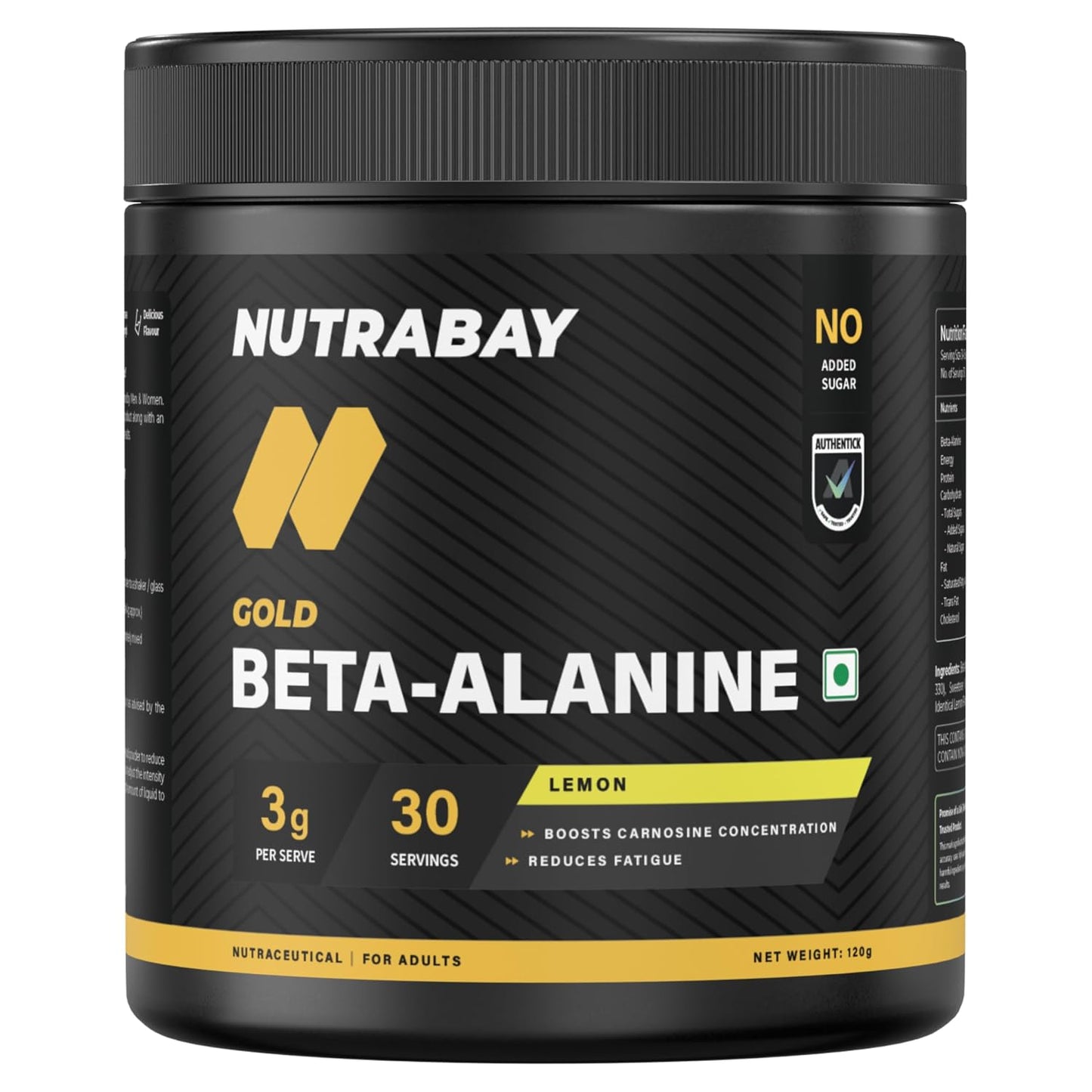 Nutrabay Gold Beta Alanine Supplement Powder 120g, Lemon Flavor – Pre Workout Amino Acid for Endurance & Fatigue Reduction