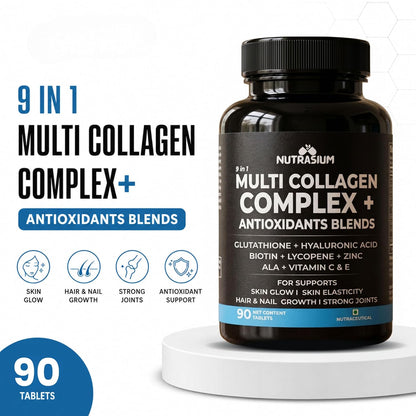 Nutrasium Multi Collagen With Glutathione For Skin Radiance, Skin Firmness & Glow Added Hyluronic acid & Vitamin C & E | 90 Tablets