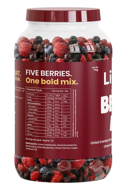 Livyor 5 in 1 Berry Mix for eating - 1kg | Good Source of Fibre | Dried Cranberries | Black Raisins | Cherries | Blueberries | Strawberries | Berry Blast | Berries dry fruits | Berries fresh | Pack of 1