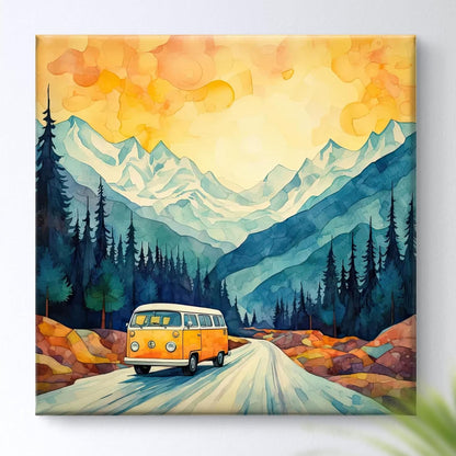 Mountain Landscape Canvas Wall Art, Yellow VW Van Print, Watercolour Nature Scene 16 Inch x 16 Inch CVS-38115