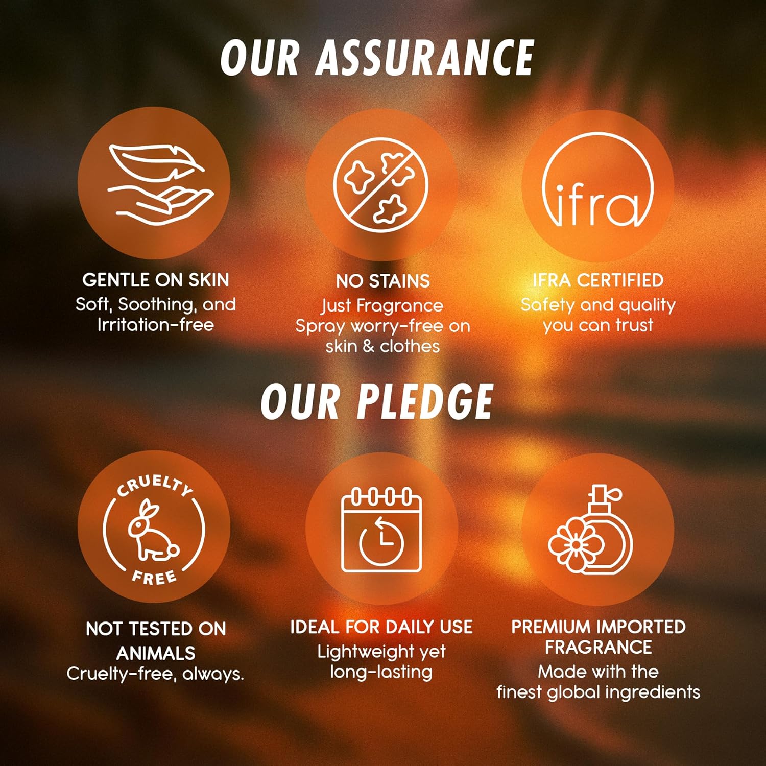 Product assurance and pledge details with icons and text on a blurred background