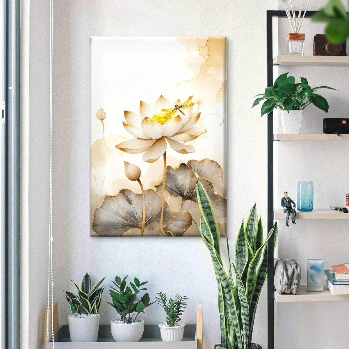 White Lotus Gold Dragonfly Canvas Art (30 x 20 Inch)