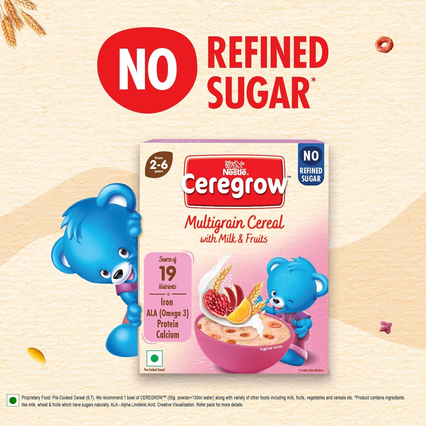 CEREGROW Multigrain Cereal with Milk & Fruits, NO Refined Sugar, from 2-6 Years, with Iron, Protein, Calcium, Omega 3, Instant Cereal, 300g, Bag-in-Box Pack