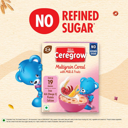 CEREGROW Multigrain Cereal with Milk & Fruits, NO Refined Sugar, from 2-6 Years, with Iron, Protein, Calcium, Omega 3, Instant Cereal, 300g, Bag-in-Box Pack