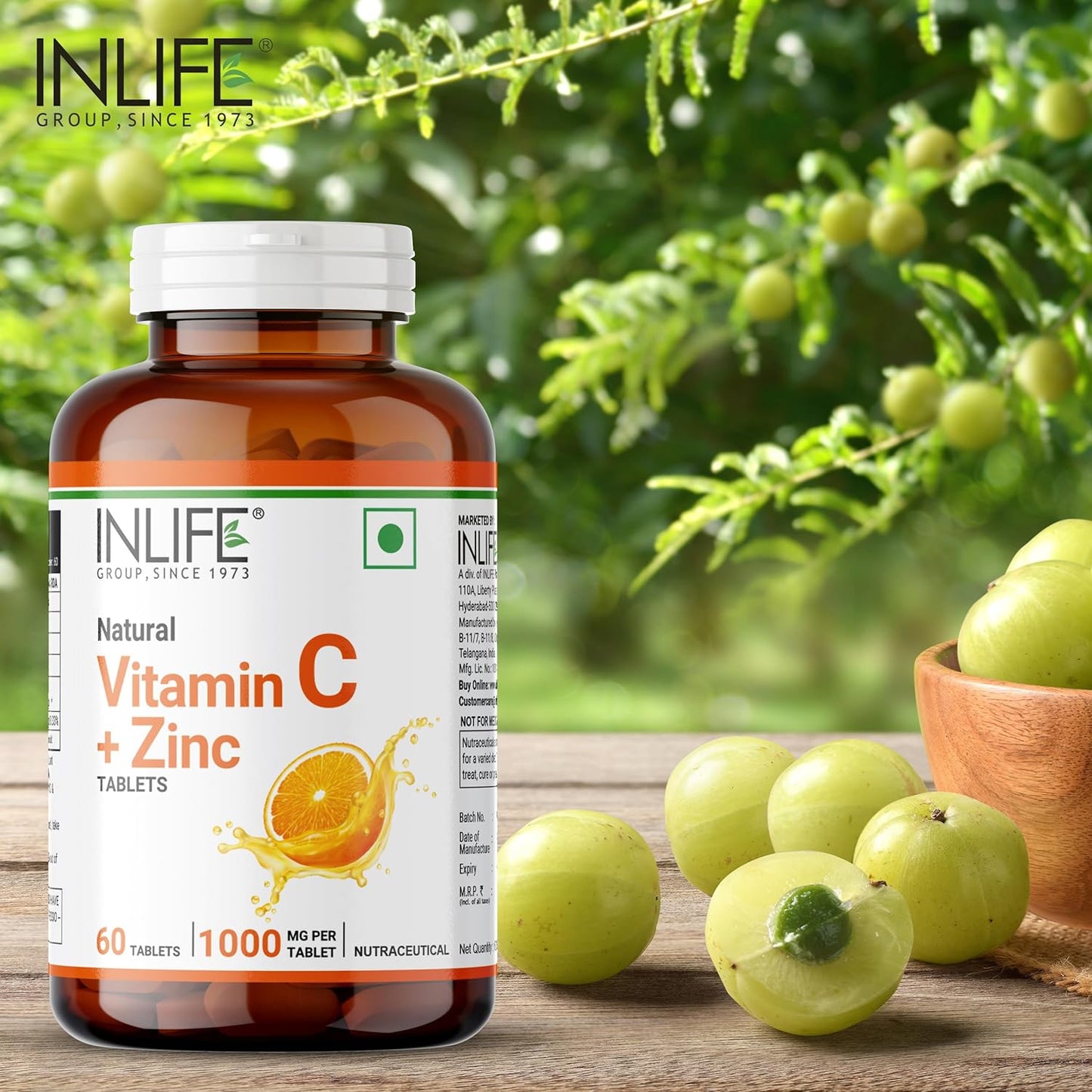 INLIFE Natural Vitamin C Amla Extract With Zinc For Immunity & Skin Care - 60 Veg Tablets (Pack of 1, 60)