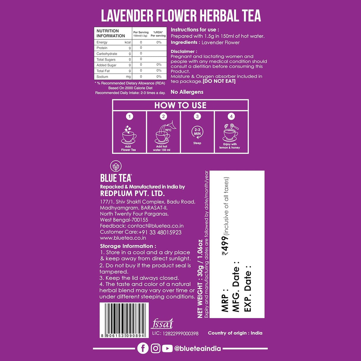 BLUE TEA - Lavender Flower Tea - 30 g - 30+ Cups | Relaxation & Stress Relief | Calming Tea | Caffeine Free - Herbal Tea - Flower Based - Natural - Non-Bitter | Reusable Pet Jar
