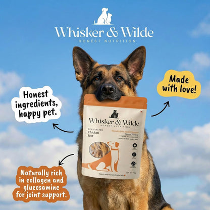 Whisker and Wilde Dehydrated Chicken Feet | Dog Treats | Natural Glucosamine for Joint Health | Dental Chew | Collagen-Rich | Single Ingredient | 80g