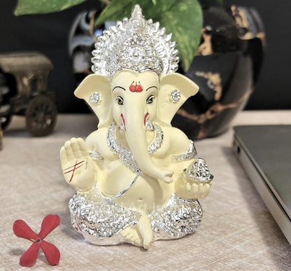 Gold Art Indiagold And Silver Plated Ganesha Idol Silver Chandan Ganesh Idol For Car Dashboard Ganesha Murti Ganpati Idol For Home Decor Puja Lord Ganesh Statue Gift For Office Desk Puja Room Figurine