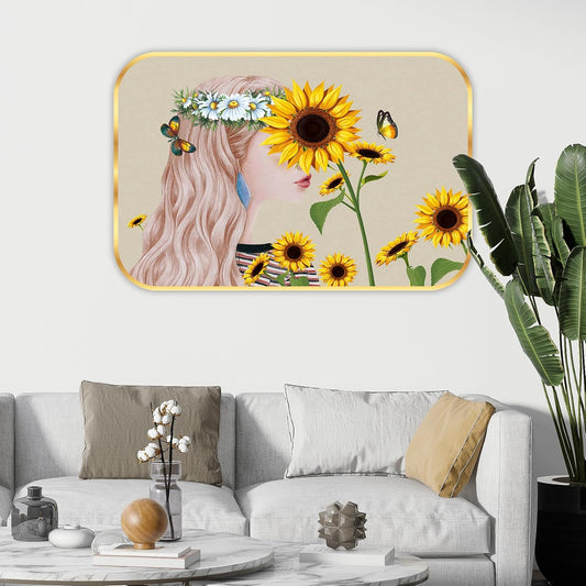 Abstract Sunflower modern art Premium Sparkle Lamination Finished Surface Golden Slim Frame 30 cm x 46 cm Large Size, For Home/Office/Hotel painting MG33