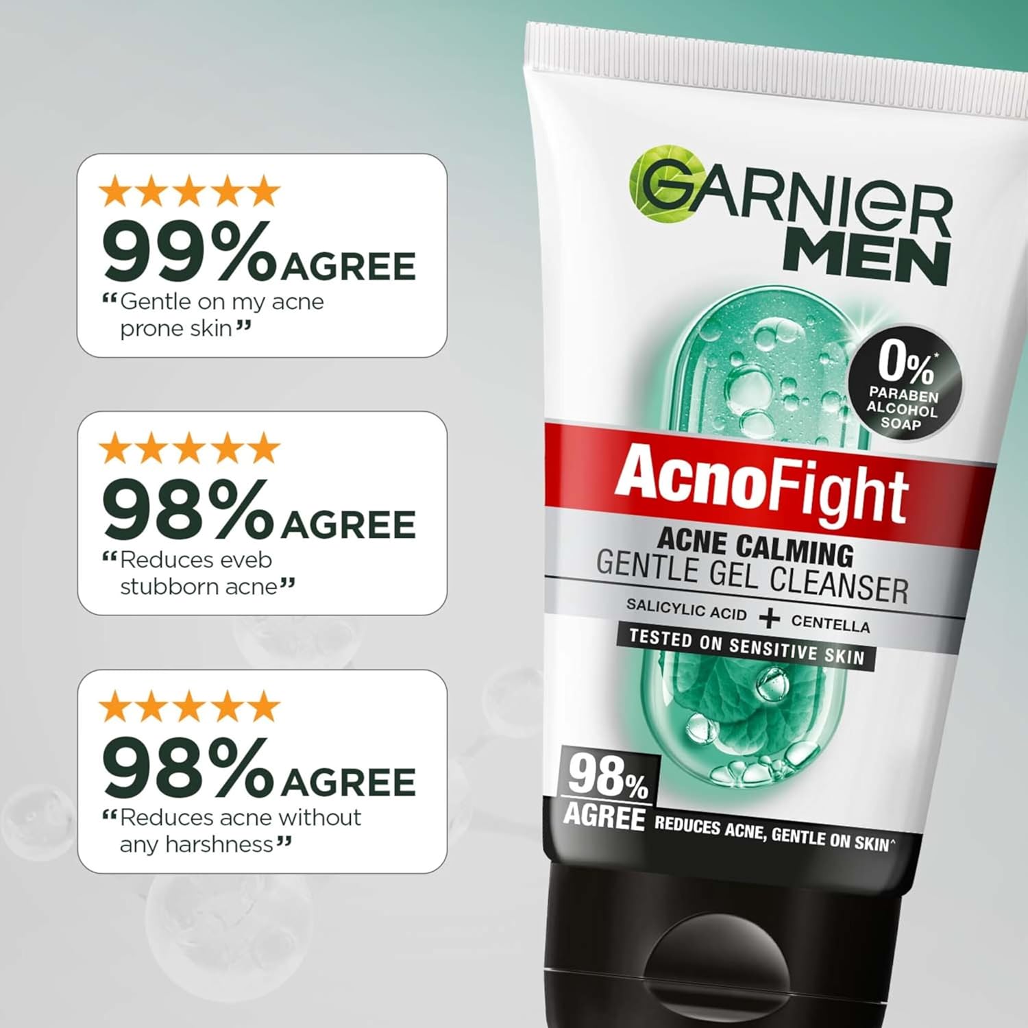 Garnier Men AcnoFight gel cleanser with customer agree scores on a light gray background