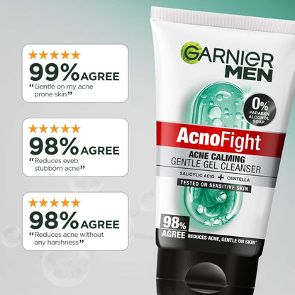 Garnier Men AcnoFight gel cleanser with customer agree scores on a light gray background