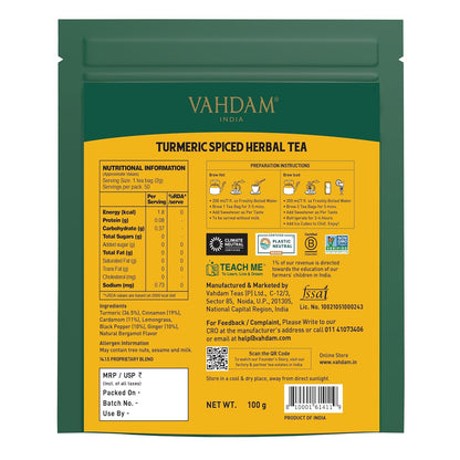VAHDAM, Turmeric Spice Infusion Bags – 50 Pyramid Bags | Caffeine Free, Non-GMO | Pure Herbal Tisane – Savory & Spicy | Resealable Ziplock Pouch