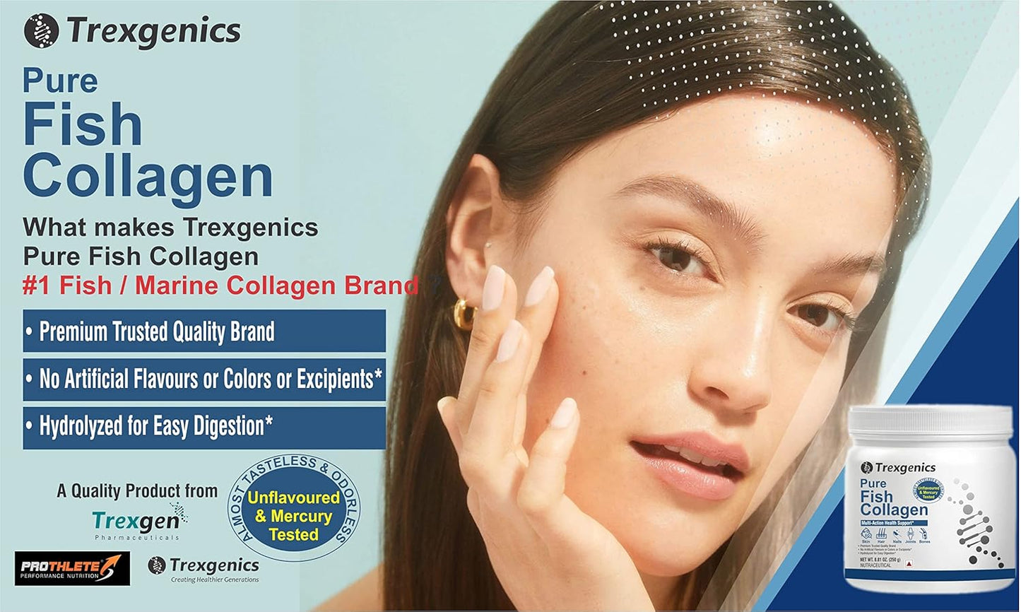 Advertisement for Trexegenics Pure Fish Collagen with a woman touching her face and product packaging.